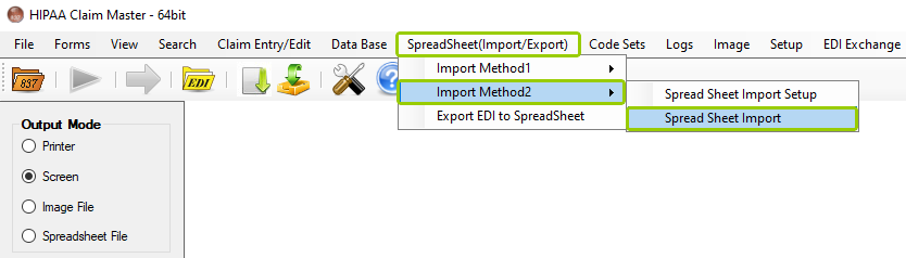 The Spreadsheet Import option under the SpreadSheet(Import/Export) tab in the main window.