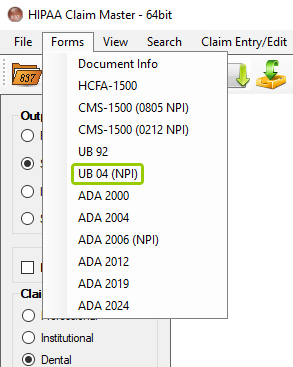 The "UB-04 (NPI)" form from the list of forms under the "Forms" tab.
