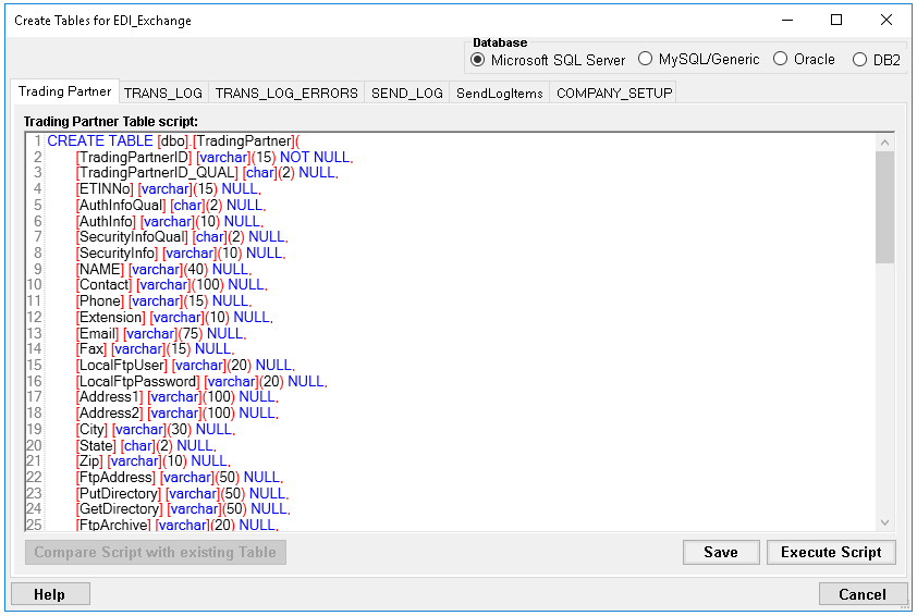 In the "Create Tables for EDI_Exchange" window is the "Trading Partner" table to update.