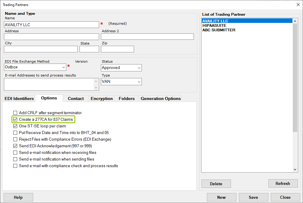 The Trading Partner setup with the option to generate 277CA files.