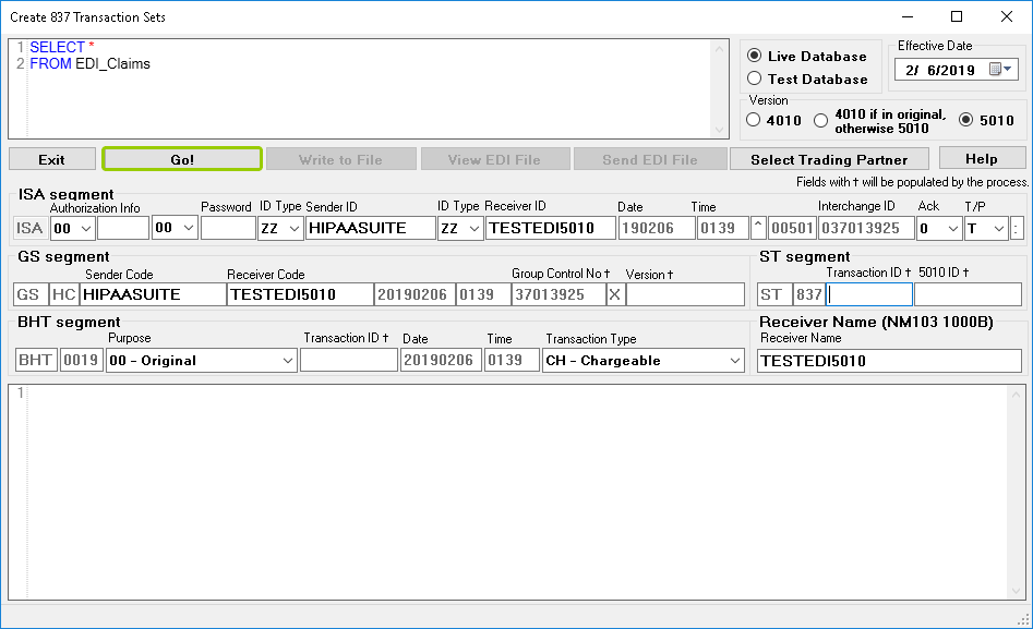 Click the "Go!" button to create the 837 EDI files.