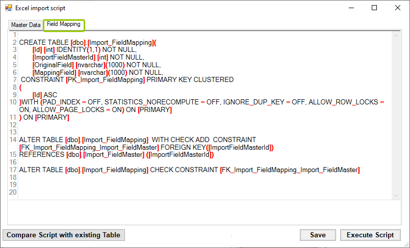 The "Field Mapping" tab is in the "Excel import script" window.