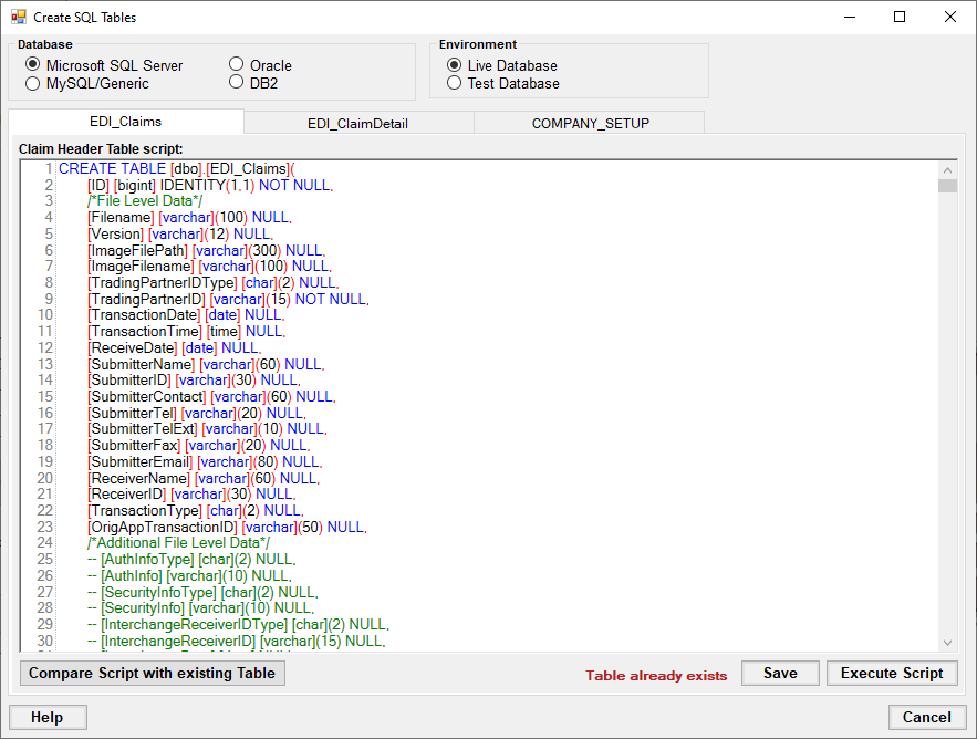 The "Create SQL Tables" window.