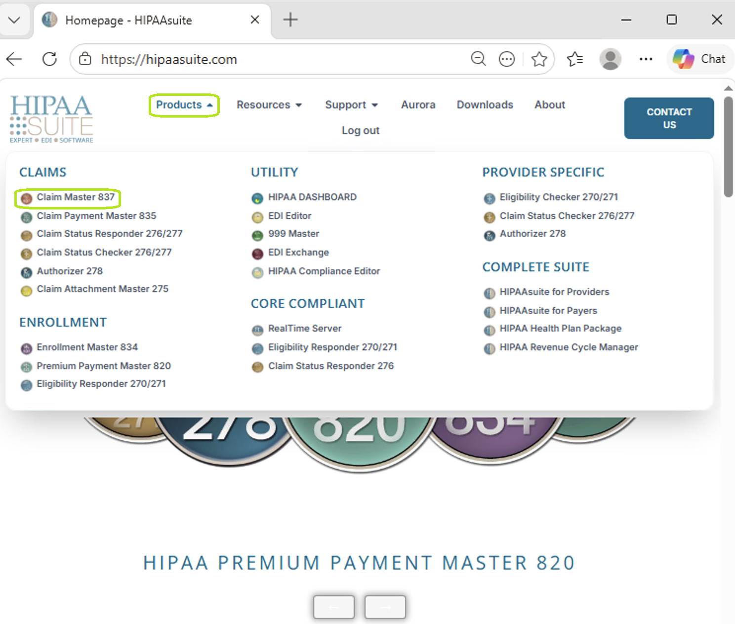 The "Claim Master 837" option is under the "Products" drop-down menu.