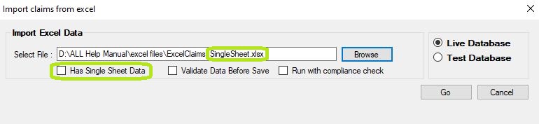 Example of a single sheet file import with Has Single Sheet Data box.