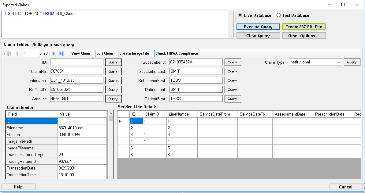 The "Create 837 EDI File" button is located on the "Exported Claims."