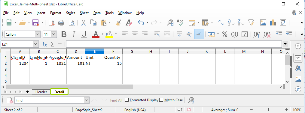 Sample of a multiple sheet Excel spreadsheet in the "Header" tab.