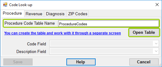 The "Procedure Code Table Name" text box and the "Open Table" button.