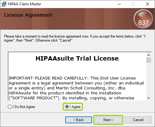 The "License Agreement" window.