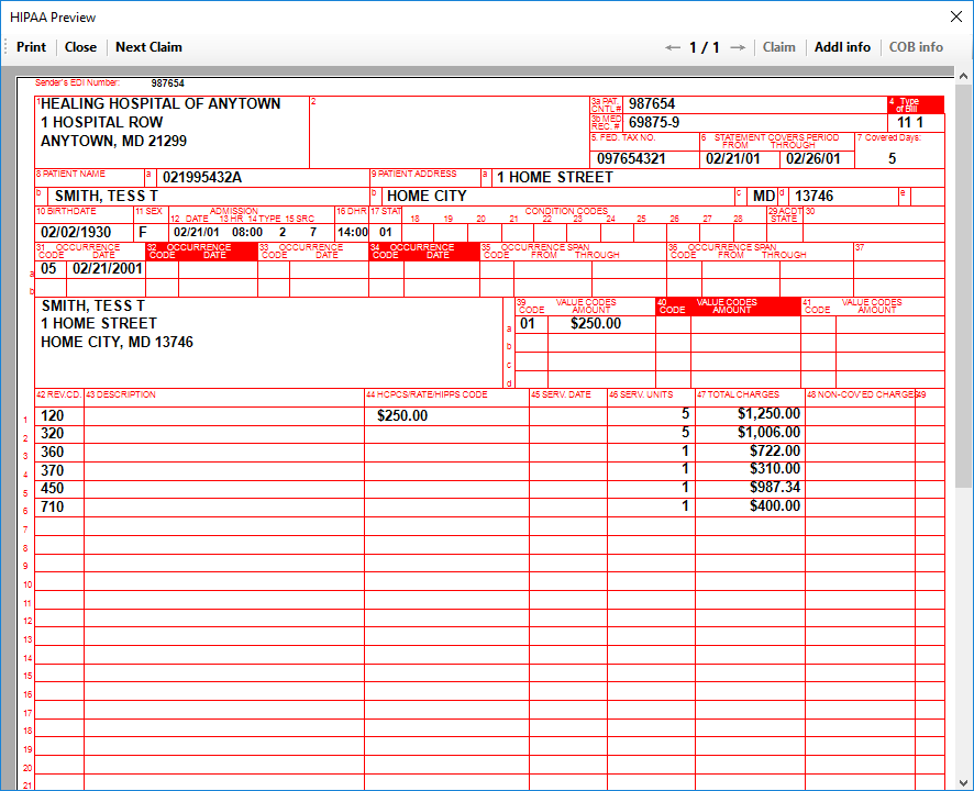 The sample of an 837 EDI claim is displayed in a separate window.