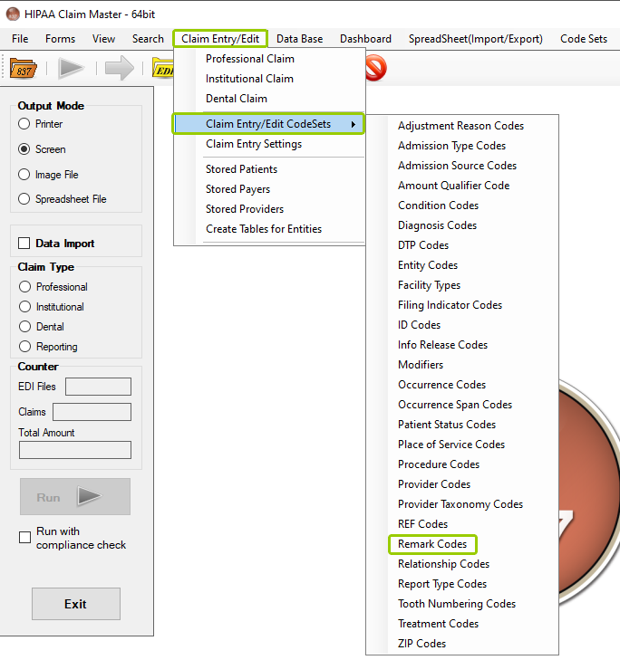 The "Remark Codes" option is in the "Claim Entry/Edit CodeSets" sub-menu.