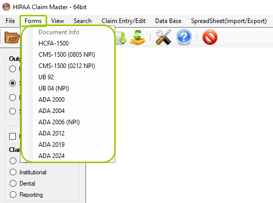 The "Forms" tab in the main window menu.