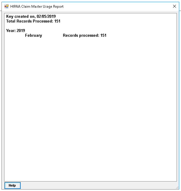 The "HIPAA Claim Master Usage Report" window. (the help button doesn't show)
