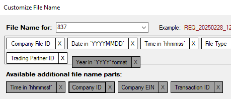 Adding a file name part by dragging it to the file name parts box.