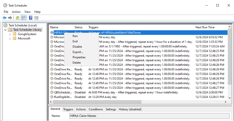 The "Run" option is under the task's drop-down menu.