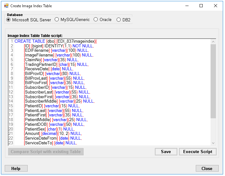 The "Create Image Index Table" window.