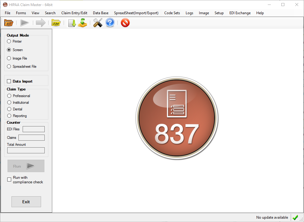 The main menu window of HIPAA Claim Master.
