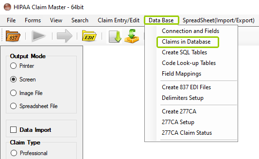 The "Claims in Database" option is under the "Data Base" tab.