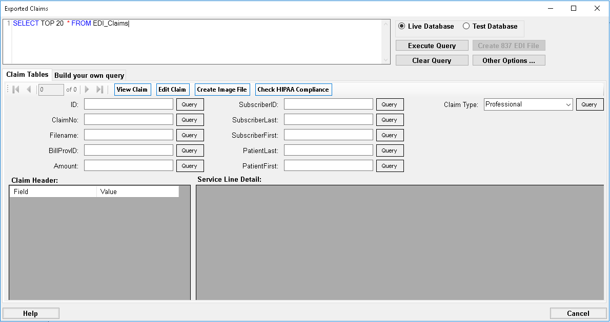 The "Claims in Database" window.