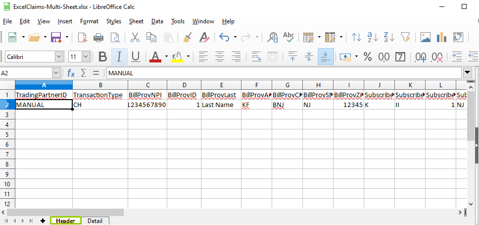 Sample of a multiple sheet Excel spreadsheet in the "Header" tab.