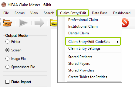 The "Claim Entry/Edit CodeSets" sub-menu option is under the "Claim Entry/Edit" tab.