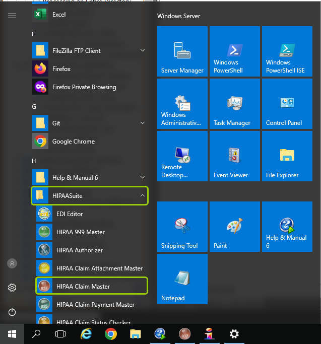 The HIPAA Claim Master application is launched from the "Start" menu.