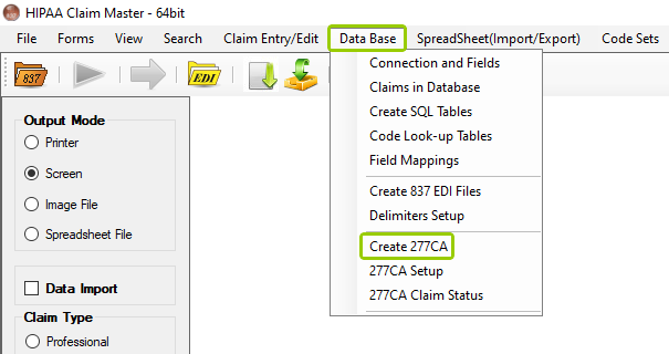 The "Create 277CA" option is under the "Data Base" tab.