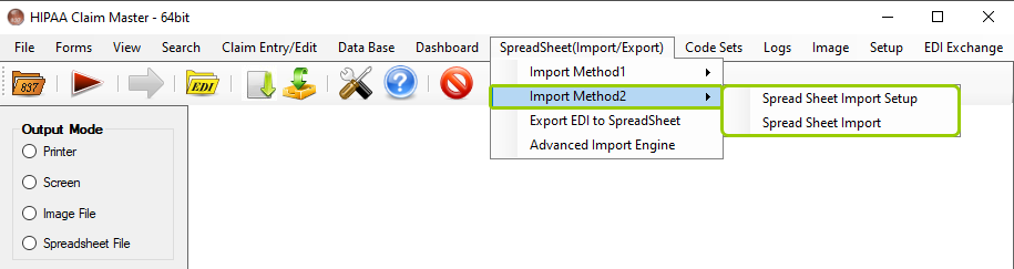 The "Spread Sheet Import Setup" and the "Spread Sheet Import" options are under the "SpreadSheet(Import/Export)" tab.