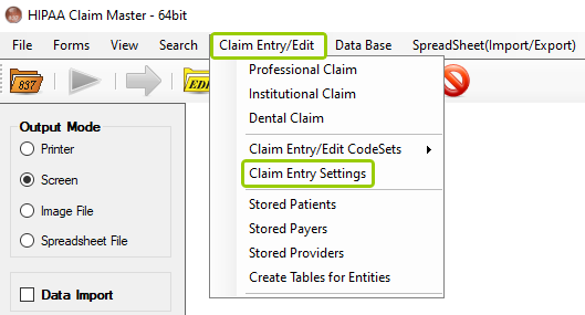 The "Claim Entry Settings" option is under the "Claim Entry/Edit" tab.