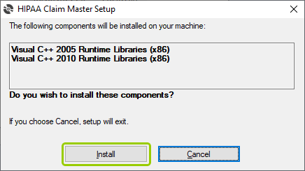 The HIPAA Claim Master setup window to begin the installation process. To start, click on the "Install" button. If you wish to stop, click on "Cancel." 