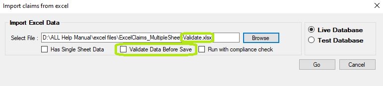 Sample of the file with an invalid field in the "Import claims from excel" window.