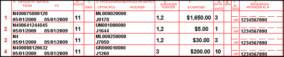 The NDC code is in the upper half of field 24 A; the quantity is in field 24 D.