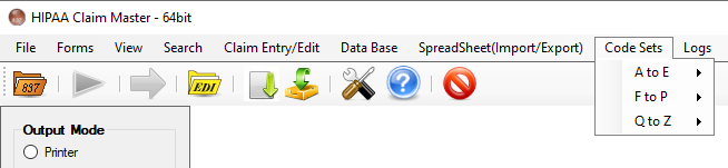 The "Code Sets" tab and its sub-menus.
