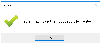The success message window if a table was created.