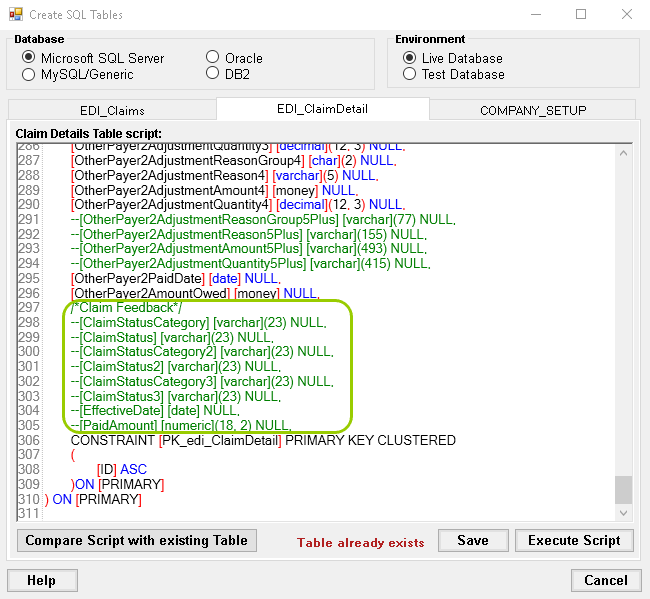 The feedback fields in the SQL scripts are under the "EDI_ClaimDetail" tab.