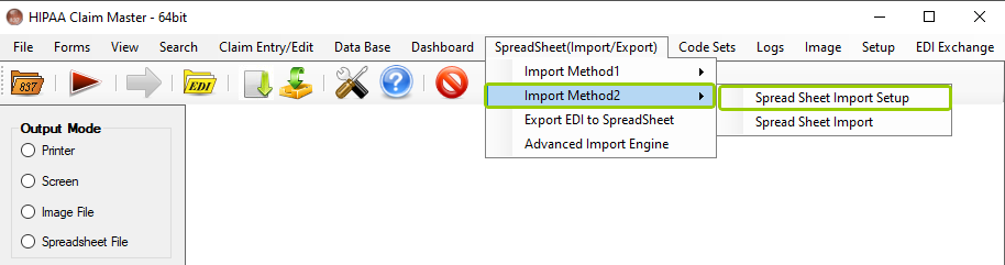 The "Spreadsheet Import Setup" option from the "Import Method 2" sub-menu is under the "SpreadSheet(Import/Export)" tab.