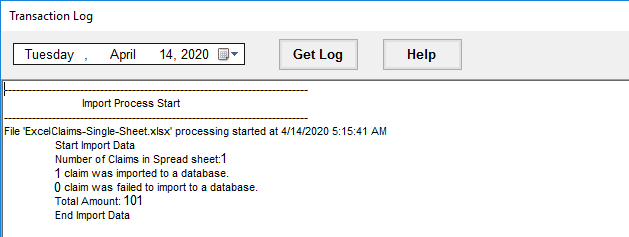 The "Transaction Log" window shows the import file record processing status log.