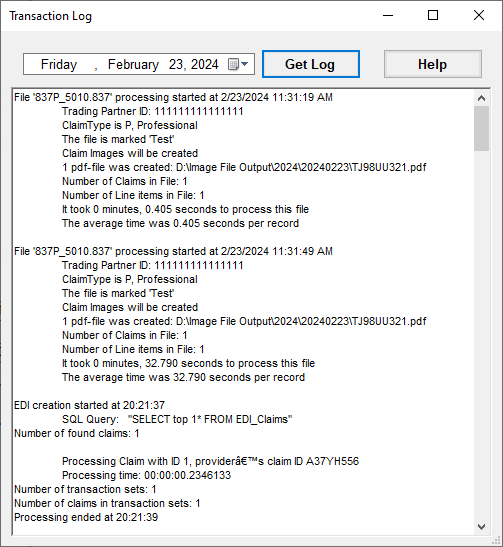 The "Transaction Log" window with results.