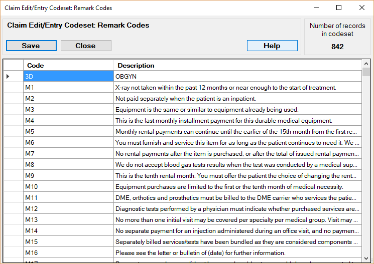 The "Remark Codes" code set configuration window.