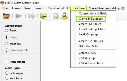 The "Claims in Database" option is under the "Data Base tab."