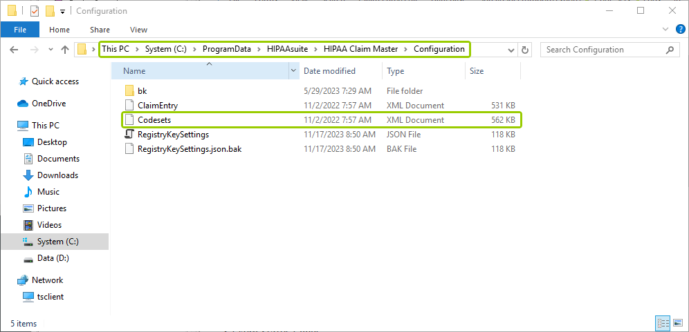 Path to the Configuration folder for the codesets.xml file.