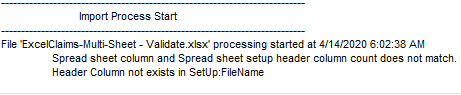 The transaction log message detailing the import status.