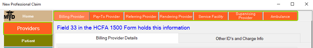 The "Providers" button and tab bar are in the "Professional Claim" window.