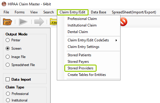 The "Stored Providers" option is under the "Claim Entry/Edit" tab.