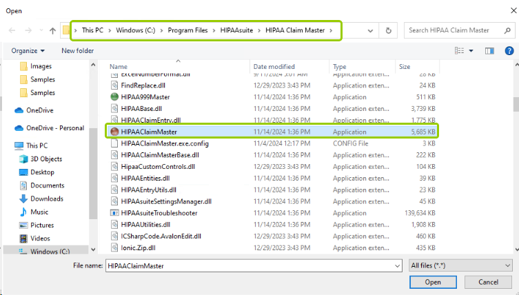 The path to the HIPAA Claim Master application folder.