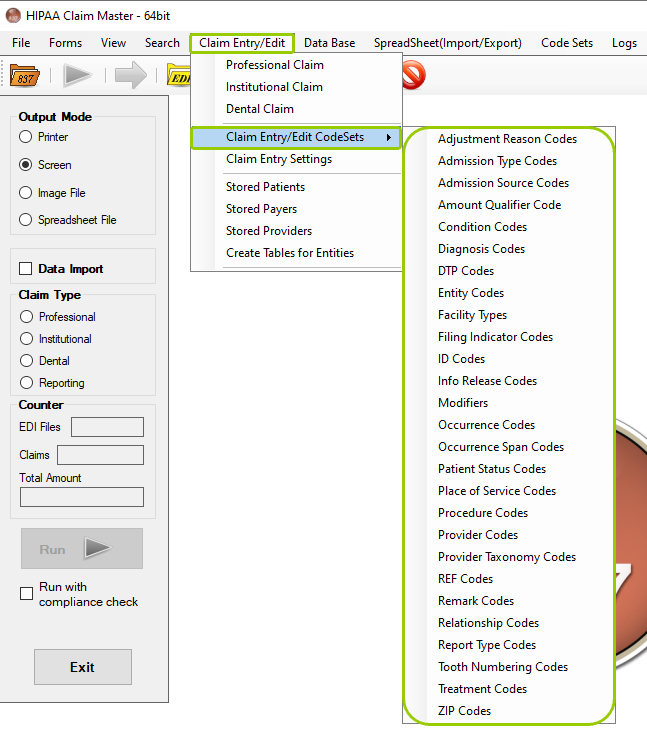 The different codesets from the "Claim Entry/Edit Codesets" option under the "Claim Entry/Edit" tab.