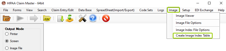 The "Create Image Index Table" option is on the main menu window.