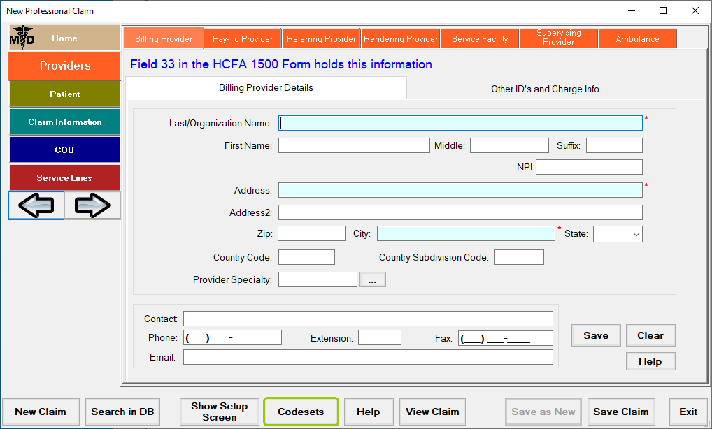 The "Codesets" button on the "Professional Claim" window.