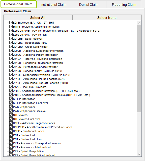 The "Professional Claim" tab.