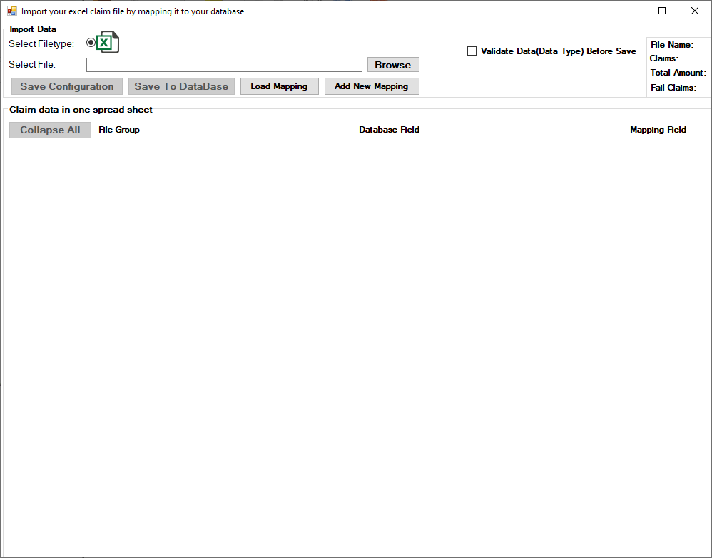 The "Import your excel claim file by mapping it to your database" window.